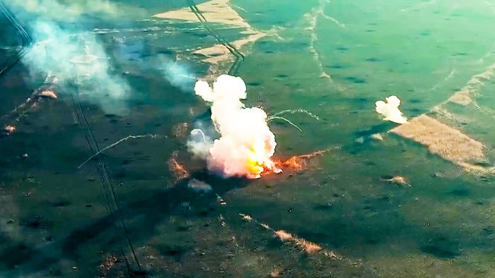 Still from aerial video released November 2 by Ukraine shows a Russian armored vehicle exploding near Avdiivka, Donetsk, Region, Ukraine.