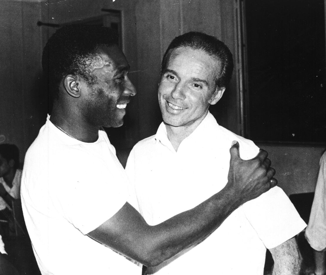 Brazil's soccer star Pele, left, embraces Mario Zagallo after the latter's appointment as coach of the Brazilian national soccer team, in Rio De Janeiro, Brazil, in March 1970. Zagallo, who reached the World Cup final a record five times, winning four, as a player and then a coach with Brazil, has died. He was 92. Brazilian soccer confederation president Ednaldo Rodrigues said in a statement in the early hours of Saturday, Jan. 5, 2024, confirming Zagallo's death that Zagallo "is one of the biggest legends" of the sport.