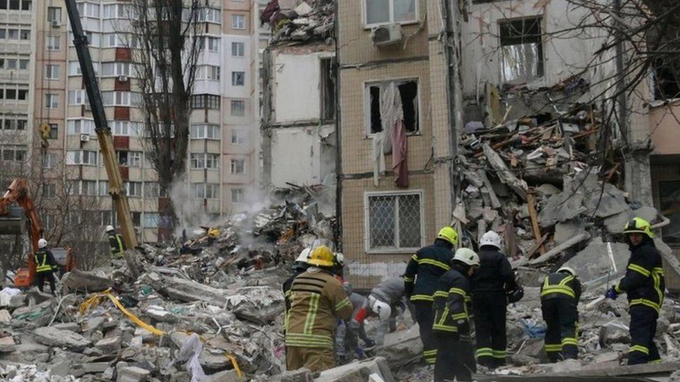 Site of a damaged residential building after an overnight attack in Odesa, 2 March 2024