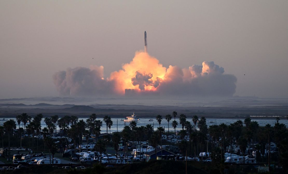 SpaceX's Starship rocket launches from Starbase during its second test flight in Boca Chica, Texas, on November 18, 2023. SpaceX on November 18, 2023, carried out the second test launch of Starship, the largest rocket ever built that Elon Musk hopes will one day colonize Mars, while NASA awaits a modified version to land humans on the Moon. It comes after a first attempt to fly the spaceship in its fully-stacked configuration back in April ended in a spectacular explosion over the Gulf of Mexico.